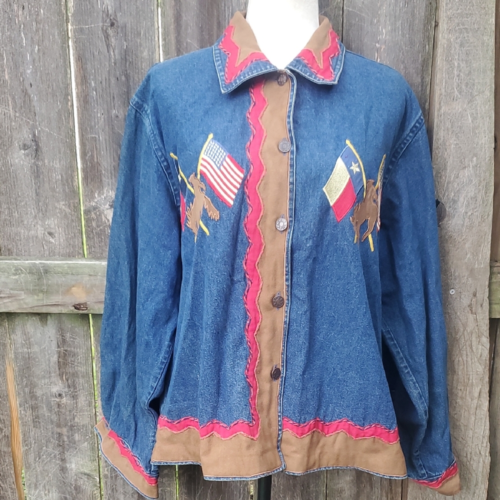 Don't Mess With Texas Denim Western Jacket Flag Appliqués American 250 4th July